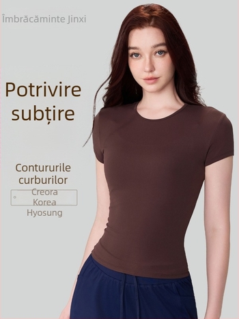 Tricou de yoga pentru femei - croială Slim, guler rotund, mâneci scurte, lungime pe șolduri, Nylon 91%/Spandex 9% (150 g)
