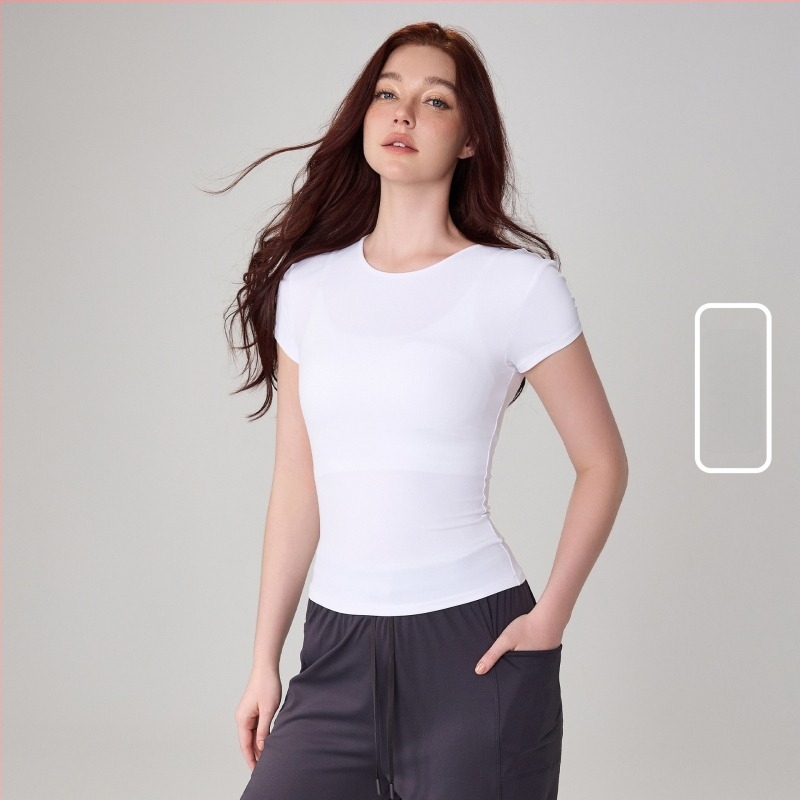 Tricou de yoga pentru femei - croială Slim, guler rotund, mâneci scurte, lungime pe șolduri, Nylon 91%/Spandex 9% (150 g)