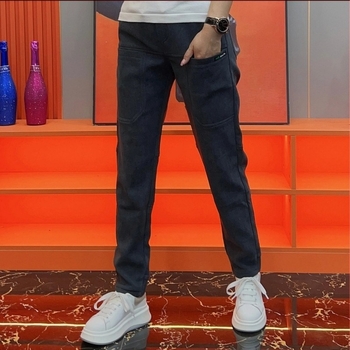 Pantaloni casual pentru bărbați, încălziți cu fleece, cu șase buzunare, croi drept, talie medie, model în dungi