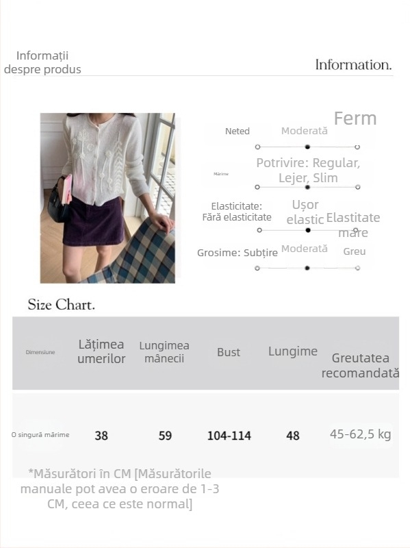 Cardigan tricotat din acrilic, cu accent 3D floral croşetat, guler rotund, mâneci lungi, nasturi pe o singură linie