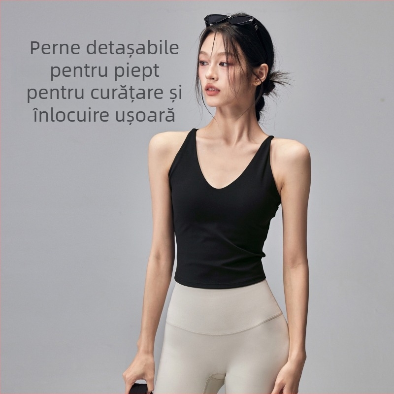 Top de yoga cu pernă pentru sân, croială mulată, material nylon-spandex, lungime medie