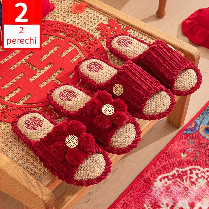 Papuci de nuntă cu design toe-loop, partea superioară din bumbac, talpă PVC, talpă groasă, antiderapante și calde