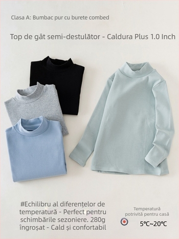 Top de bază pentru copii, mâneci lungi, stil coreean, 95% bumbac, țesătură moale tratată, fără glugă, model uni, pentru iarnă-primăvară-toamnă