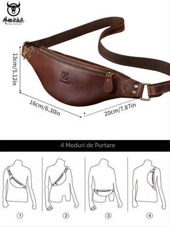 Geantă de talie din piele Cow Captain Leather — piele de vită de top, rezistentă la apă, durabilă, model uni, căptușeală din poliester