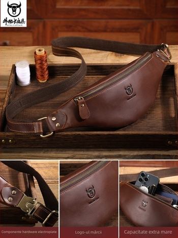 Geantă de talie din piele Cow Captain Leather — piele de vită de top, rezistentă la apă, durabilă, model uni, căptușeală din poliester