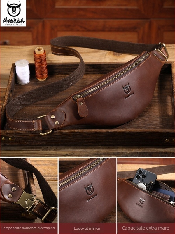 Geantă de talie din piele Cow Captain Leather — piele de vită de top, rezistentă la apă, durabilă, model uni, căptușeală din poliester