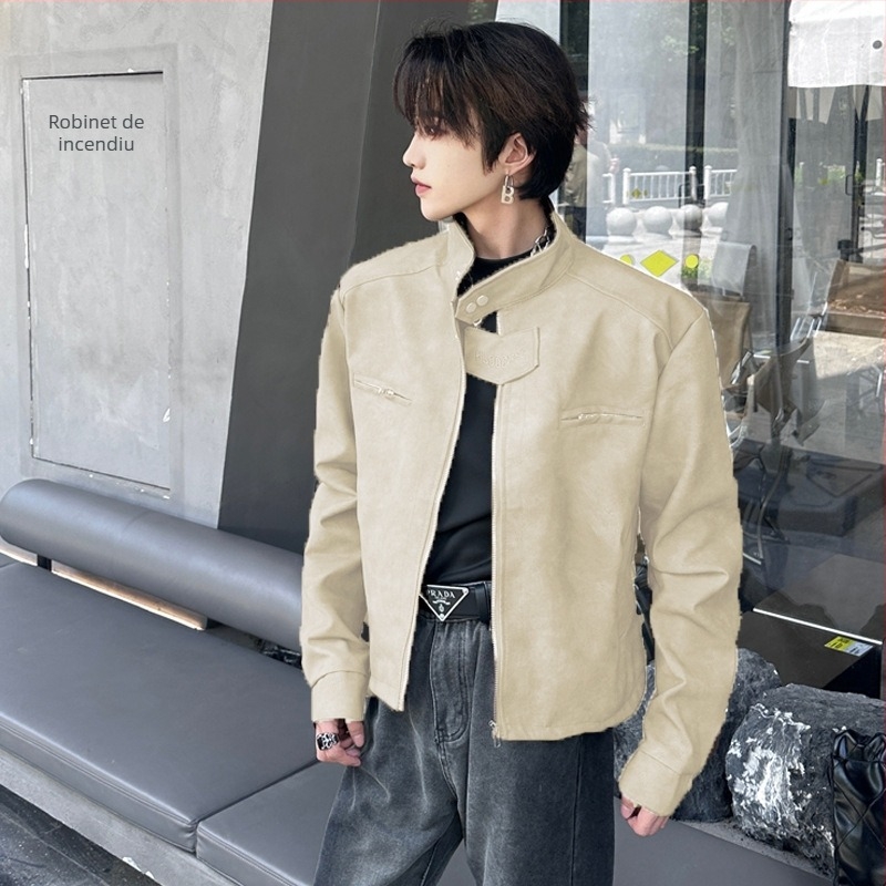 Jachetă din piele, stil motociclist, piele PU, fermoar, croială lejeră