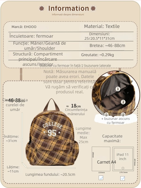 Rucsac din pânză – stil proaspăt și dulce, material: pânză, închidere cu fermoar, căptușeală poliester, buzunar ascuns cu fermoar, buzunar exterior tip patch