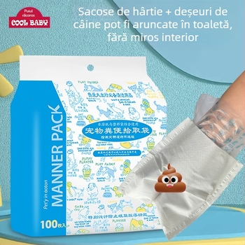 Cool Baby pungi pentru fecale de câine – dublu strat, groase, de unică folosință, deschidere plată, din plastic + hârtie solubilă în apă