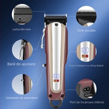 Mașină de tuns păr cu afișaj LCD, încărcare USB, motor cu perii, lamă din oțel inoxidabil, nu este rezistentă la apă, pentru uz casnic