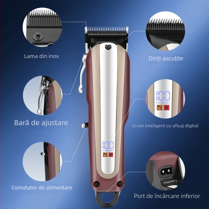 Mașină de tuns păr cu afișaj LCD, încărcare USB, motor cu perii, lamă din oțel inoxidabil, nu este rezistentă la apă, pentru uz casnic