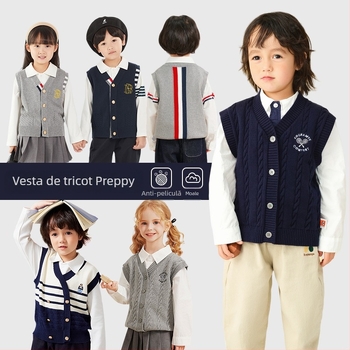 Vestă tricotată pentru copii, fără mâneci, 100% bumbac, guler în V, închidere cu nasturi, primăvară-toamnă, pentru copii 3–8 ani
