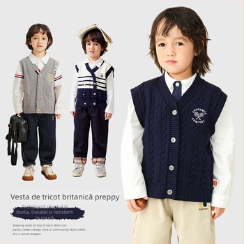 Vestă tricotată pentru copii, fără mâneci, 100% bumbac, guler în V, închidere cu nasturi, primăvară-toamnă, pentru copii 3–8 ani