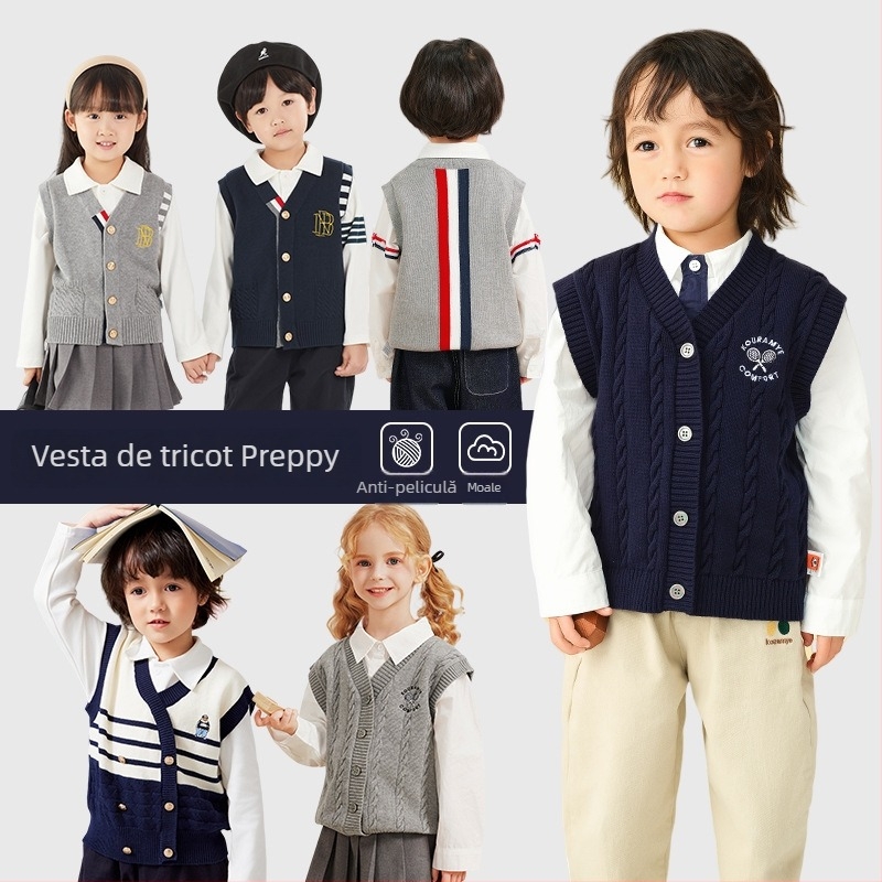 Vestă tricotată pentru copii, fără mâneci, 100% bumbac, guler în V, închidere cu nasturi, primăvară-toamnă, pentru copii 3–8 ani