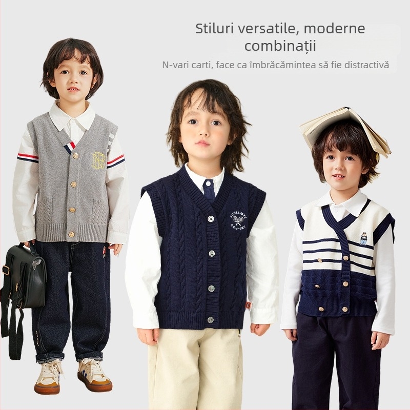 Vestă tricotată pentru copii, fără mâneci, 100% bumbac, guler în V, închidere cu nasturi, primăvară-toamnă, pentru copii 3–8 ani