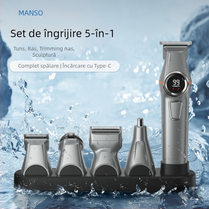 Mașină de tuns părul 5-în-1, două viteze, complet lavabilă pe corp, lamă detașabilă, lame din oțel inoxidabil