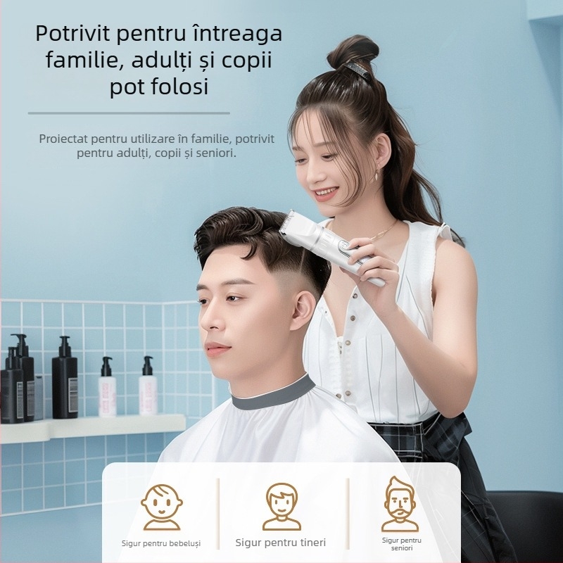 Mașină de tuns părul, alimentare USB, baterie încorporată 1000–1200 mAh, lamă din oțel inoxidabil (demontabilă și lavabilă), zgomot 36–45 dB