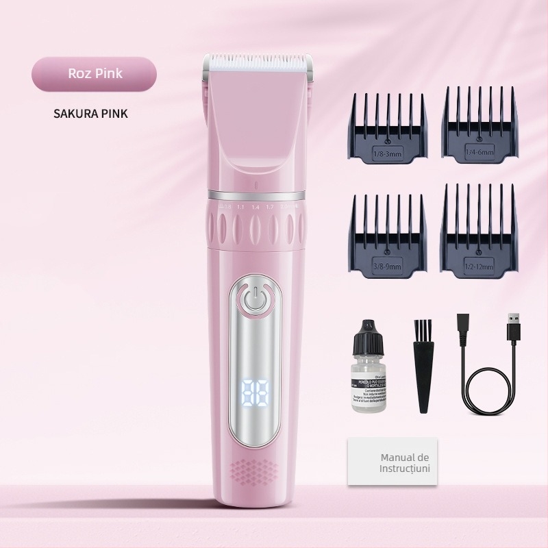 Mașină de tuns părul, alimentare USB, baterie încorporată 1000–1200 mAh, lamă din oțel inoxidabil (demontabilă și lavabilă), zgomot 36–45 dB
