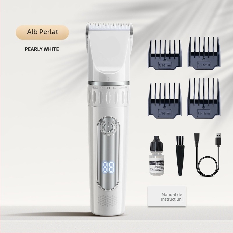 Mașină de tuns părul, alimentare USB, baterie încorporată 1000–1200 mAh, lamă din oțel inoxidabil (demontabilă și lavabilă), zgomot 36–45 dB