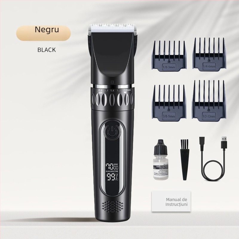 Mașină de tuns părul, alimentare USB, baterie încorporată 1000–1200 mAh, lamă din oțel inoxidabil (demontabilă și lavabilă), zgomot 36–45 dB