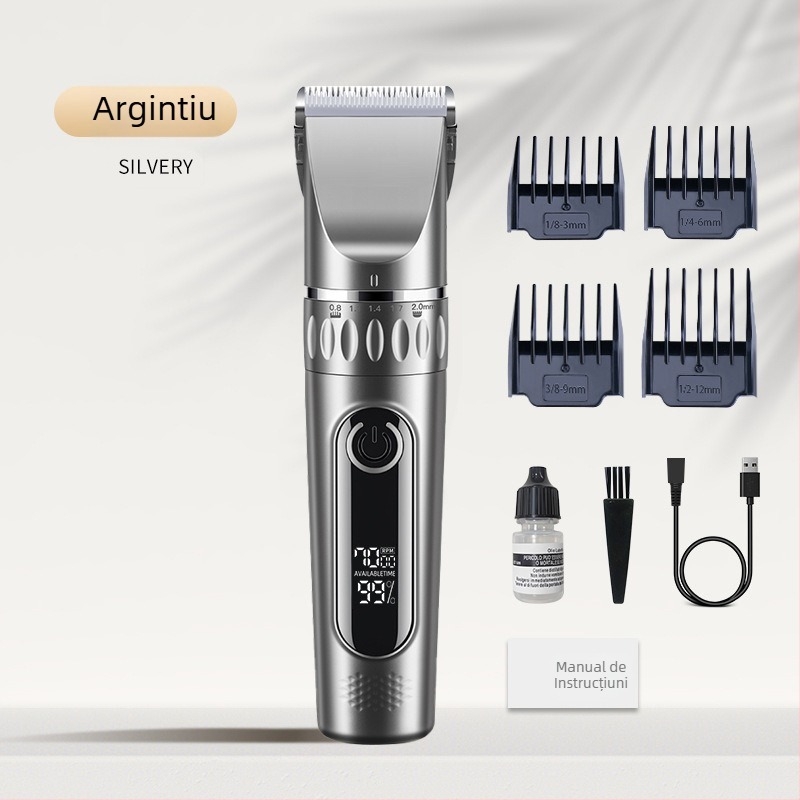 Mașină de tuns părul, alimentare USB, baterie încorporată 1000–1200 mAh, lamă din oțel inoxidabil (demontabilă și lavabilă), zgomot 36–45 dB