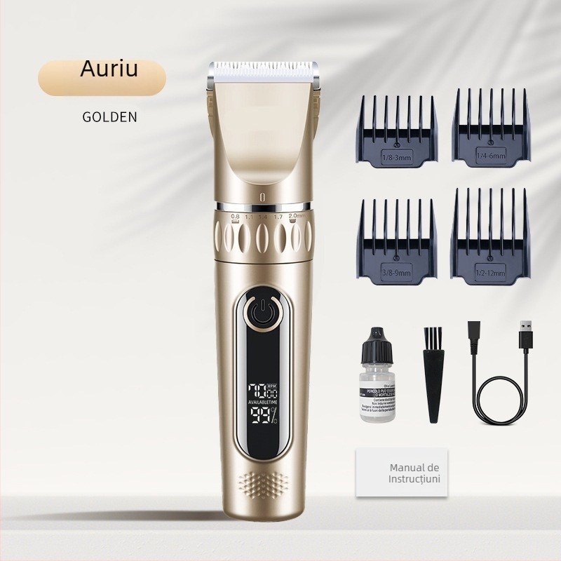 Mașină de tuns părul, alimentare USB, baterie încorporată 1000–1200 mAh, lamă din oțel inoxidabil (demontabilă și lavabilă), zgomot 36–45 dB