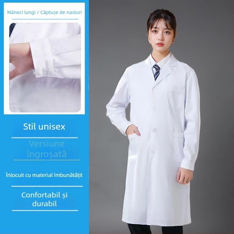 Halat de laborator unisex, mâneci lungi, din amestec de bumbac-poliester (35% poliester), material cu transportul umezelii, pentru fabrici și ateliere