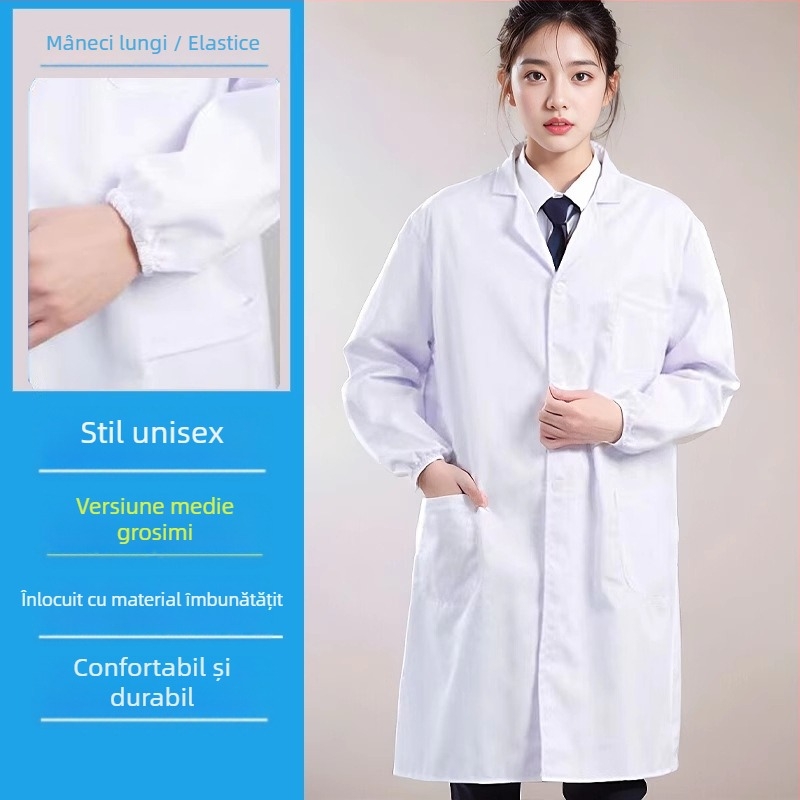 Halat de laborator unisex, mâneci lungi, din amestec de bumbac-poliester (35% poliester), material cu transportul umezelii, pentru fabrici și ateliere