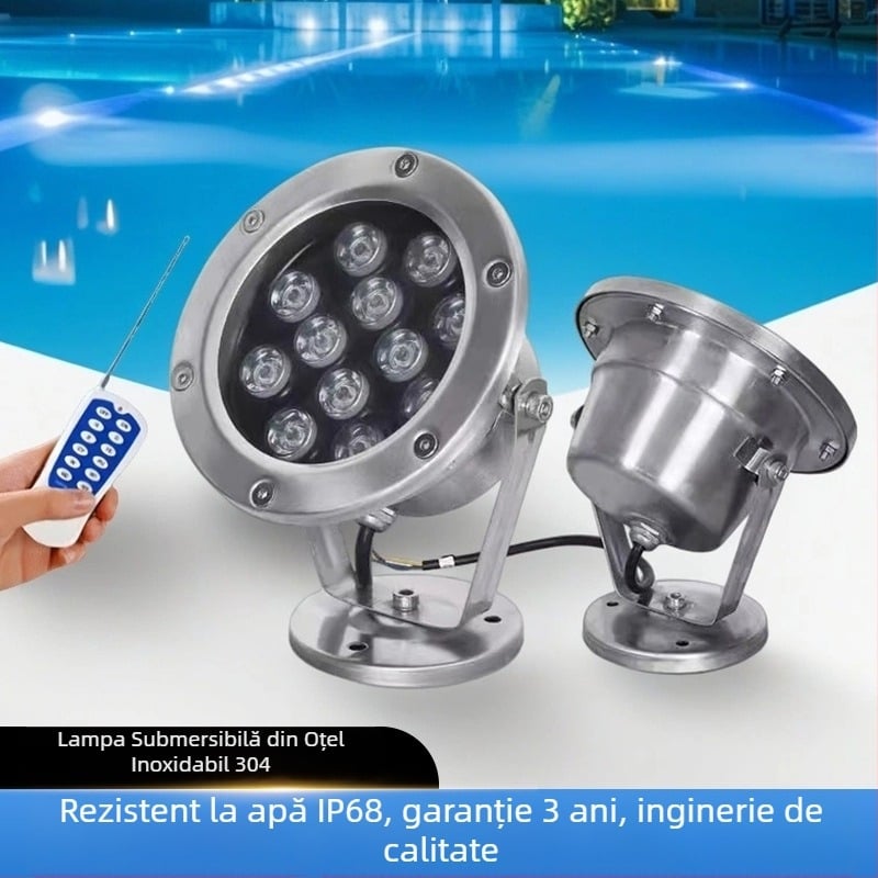 Lampă subacvatică LED cu 18 LED, 1800 lm, 3000K, IP68, Intrare 12/24V, lampă submersibilă pentru piscină și fântână