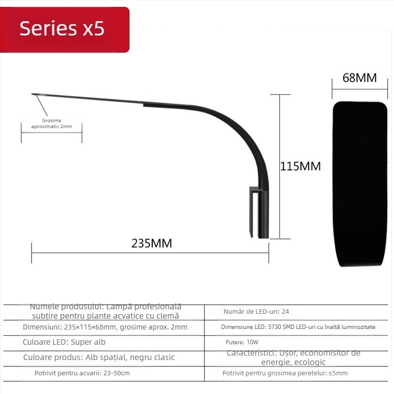 Lampa LED pentru acvariu cu clips, pentru plante acvatice, compactă, impermeabilă, 5W, 0,3 kg, model X5, plastic, Small Tank