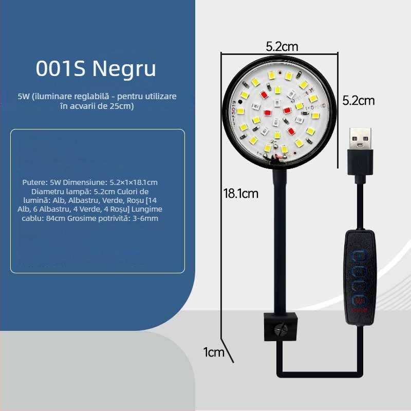 Lampă LED pentru acvariu, clip pe margine, iluminare eficientă energetic, ABS, 5W/7W