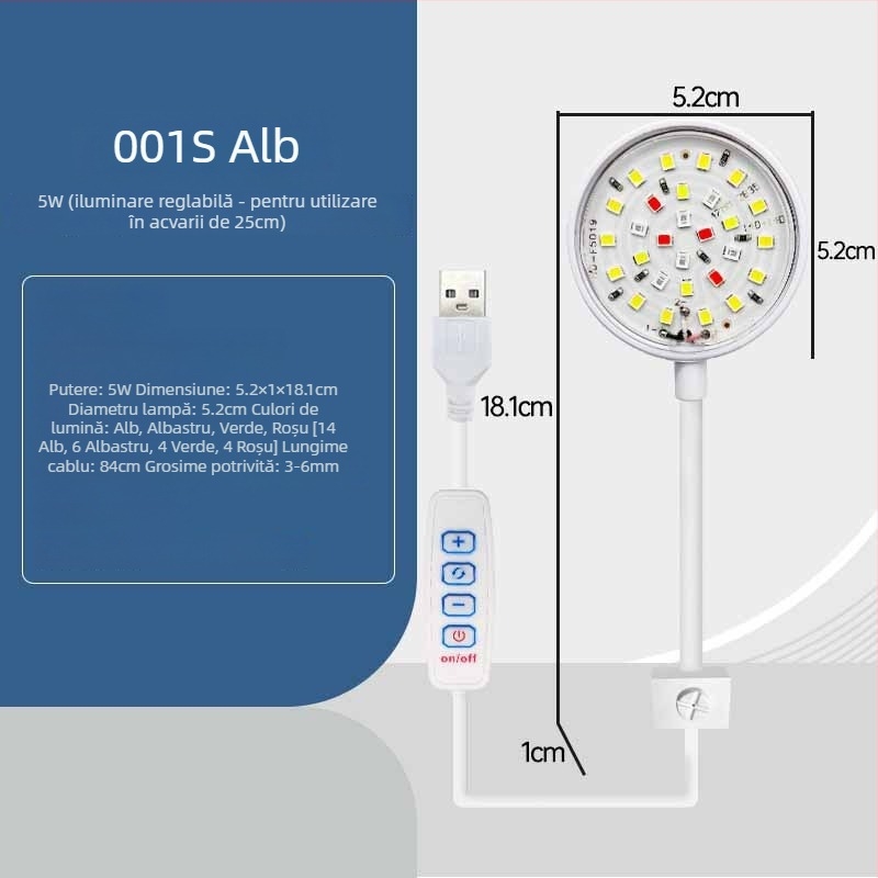 Lampă LED pentru acvariu, clip pe margine, iluminare eficientă energetic, ABS, 5W/7W