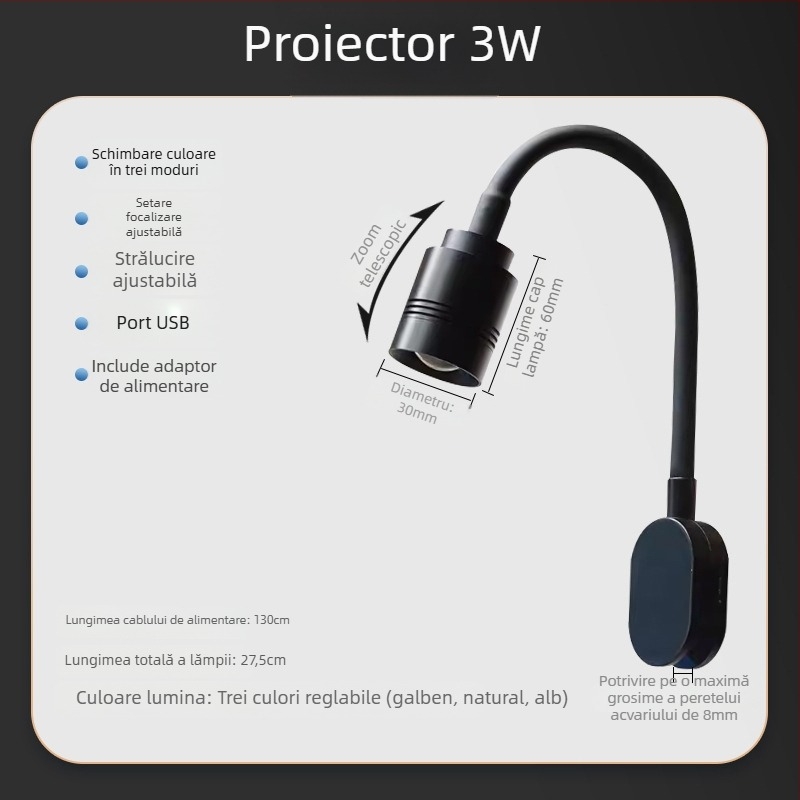 Lampa LED pentru acvariu cu focalizare reglabilă și zoom, aliaj de aluminiu, 3W