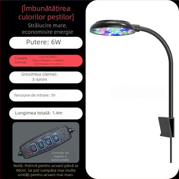 Lumină LED pentru acvariu – 6W, prindere USB, iluminare la 360°, anti-alge, impermeabil