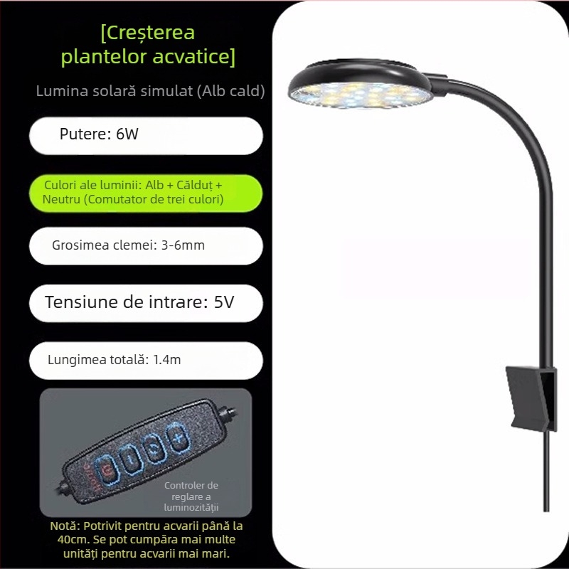 Lumină LED pentru acvariu – 6W, prindere USB, iluminare la 360°, anti-alge, impermeabil