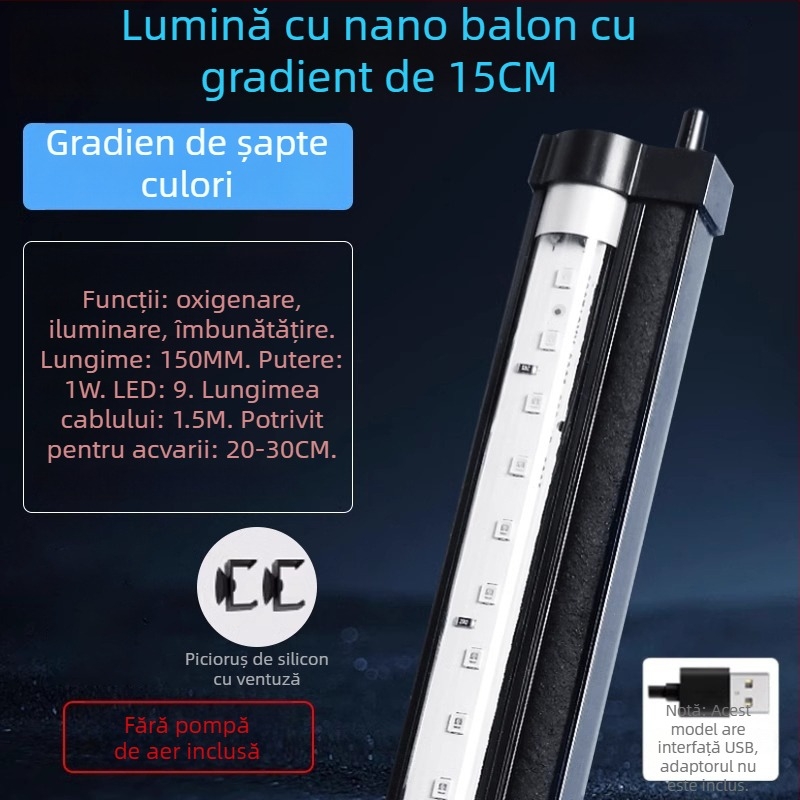 Lumină LED pentru acvariu cu bule, iluminare gradientă, oxigenare și decorare – 1–6W, 300g, Autonomous OEM