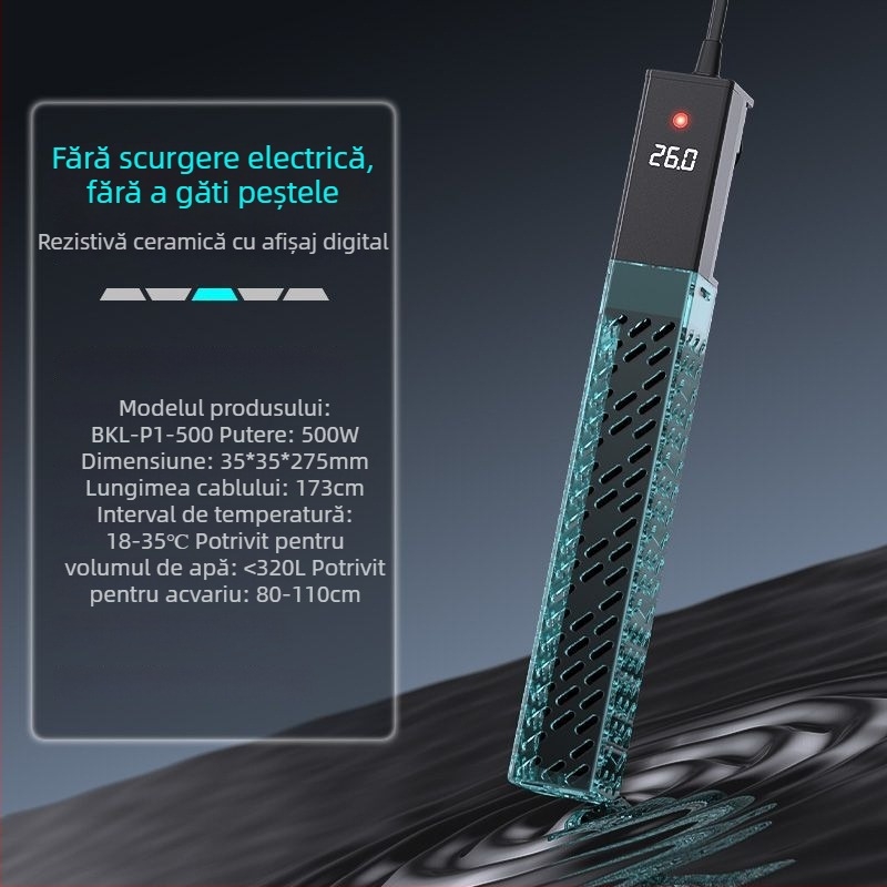 Sondă de încălzire ceramică pentru acvariu cu frecvență variabilă, control automat al temperaturii, reglare precisă a temperaturii; Putere 50–500W, 428g, Model sz2025071503