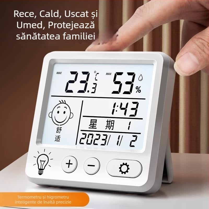 Termometru de cameră cu afișaj digital, model YD-6887, montare pe perete, senzor de umiditate și temperatură pentru interior