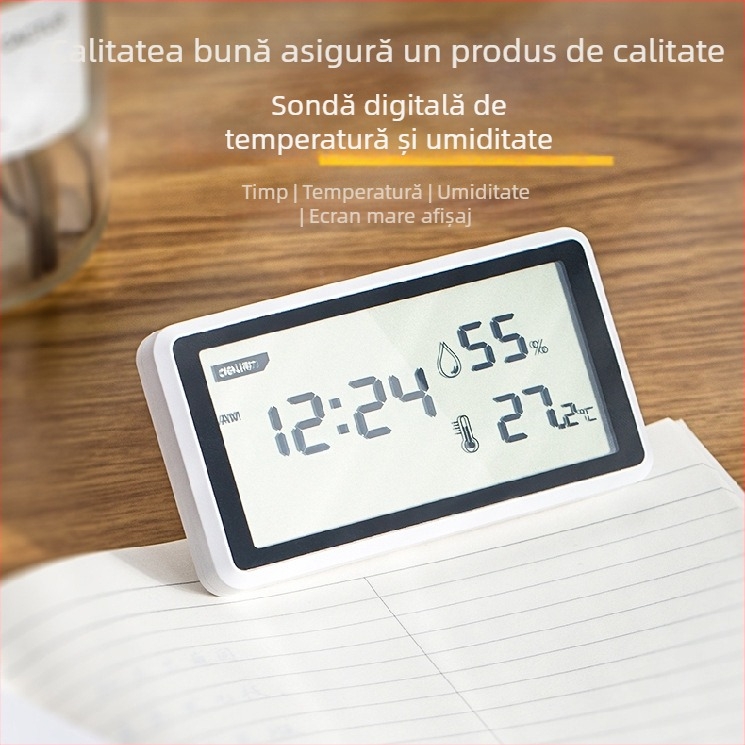 Termometru de cameră Deli cu afișaj LCD mare, pentru interior, alimentat cu baterie, model de birou