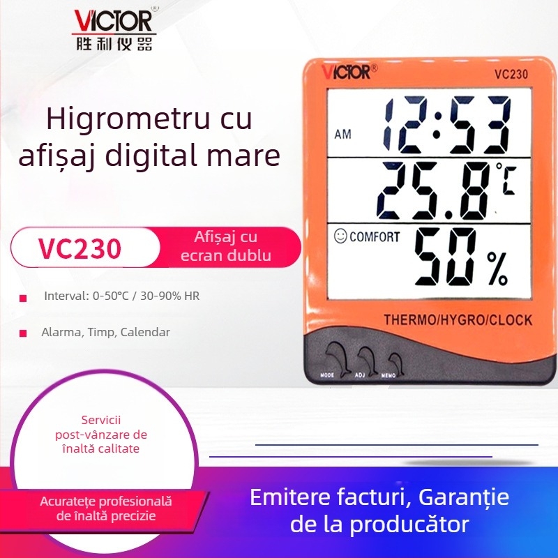Termometru și higrometru cu ecran mare, ceas cu alarmă și calendar VC230/VC230A/VC330, 0-50°C, 30-90% RH, rezoluție 0.1