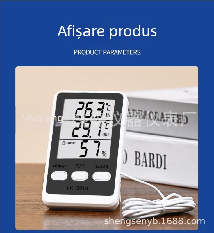 LK-201A higrometru electronic și termometru dual pentru frigider și acvariu, cu cablu, rezoluție 0,1°C, eroare temperatură ±1,0°C, eroare umiditate ±5% RH, alimentare AAA