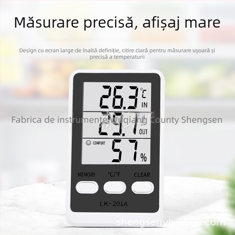 LK-201A higrometru electronic și termometru dual pentru frigider și acvariu, cu cablu, rezoluție 0,1°C, eroare temperatură ±1,0°C, eroare umiditate ±5% RH, alimentare AAA