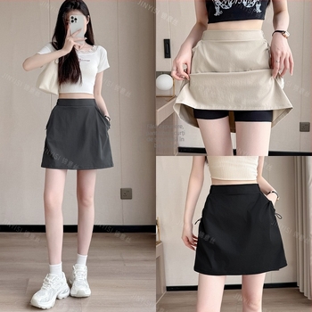 Fustă scurtă de tip A-line, imprimeu geometric, material poliester/elastan, stil casual japonez-coreean