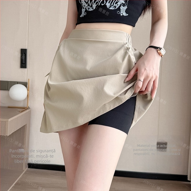 Fustă scurtă de tip A-line, imprimeu geometric, material poliester/elastan, stil casual japonez-coreean