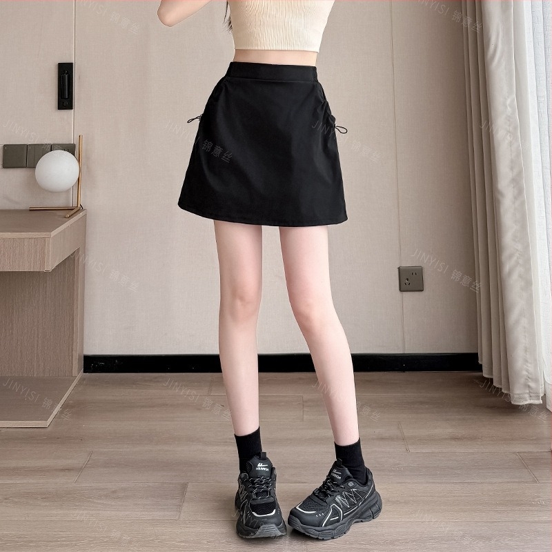 Fustă scurtă de tip A-line, imprimeu geometric, material poliester/elastan, stil casual japonez-coreean