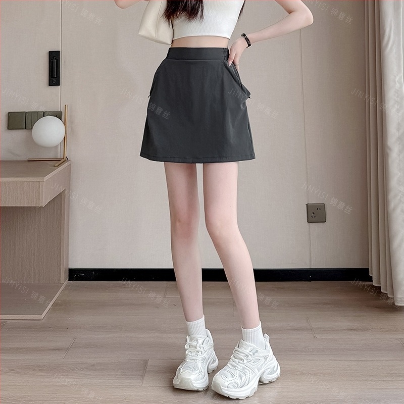 Fustă scurtă de tip A-line, imprimeu geometric, material poliester/elastan, stil casual japonez-coreean