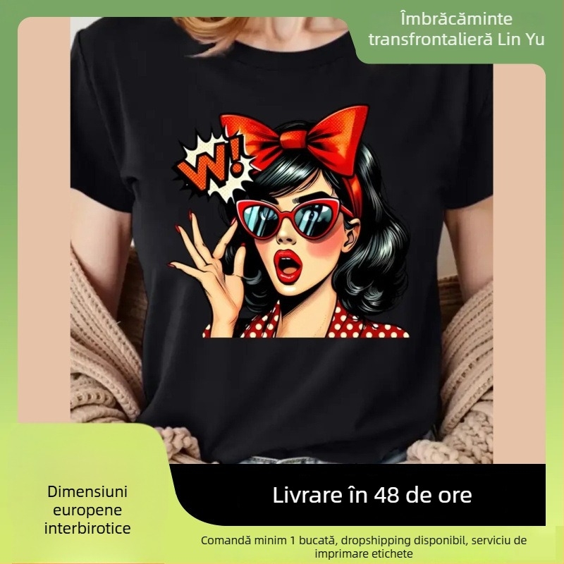 Tricou dama retro pop art, croială lejeră, mâneci scurte, guler rotund, poliester 96%+, grafică manga