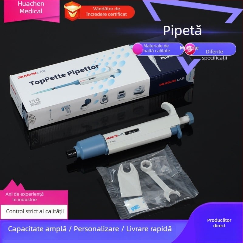 Pipetă cu un singur canal – reglabilă, manuală, de mare capacitate pentru micro-volume 5 ml / 10 ml / 200 µL / 1 ml