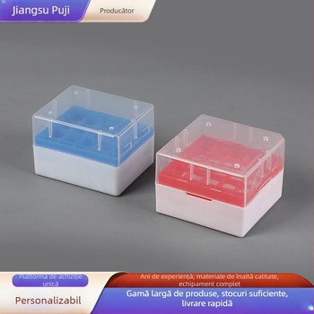 Cutie din plastic pentru tuburi de centrifugă cu suport de 32 găuri și cutie de 96 găuri pentru vârfuri pipetă – probe; origine Jiangsu, producător Puji