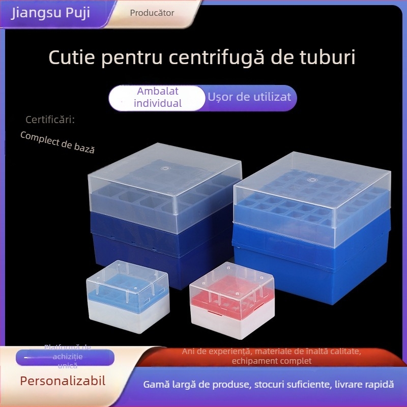 Cutie din plastic pentru tuburi de centrifugă cu suport de 32 găuri și cutie de 96 găuri pentru vârfuri pipetă – probe; origine Jiangsu, producător Puji